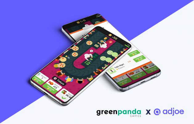 two phone screens on top of each other showing green panda games