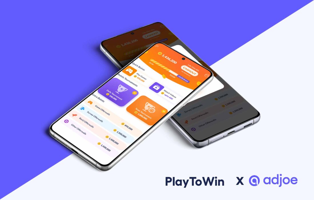 two phone screens on top of each other showing playtowin app