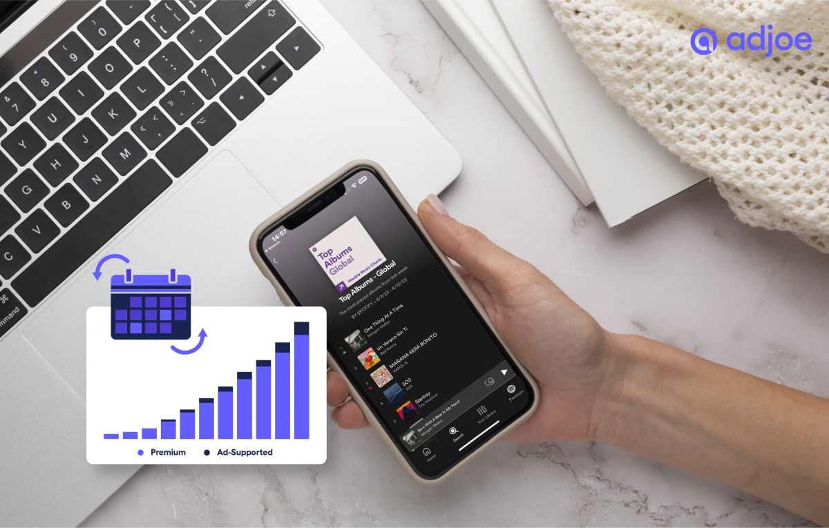 person holding phone by laptop with chart showing ad-based revenue