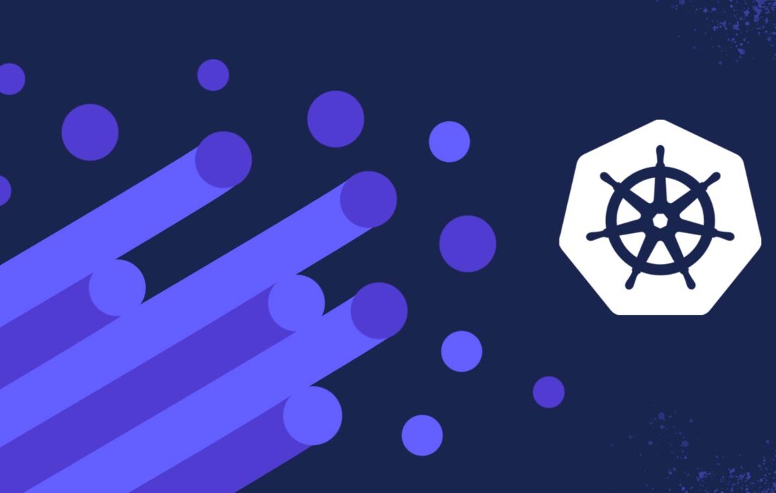 decorative purple image with kubernetes logo