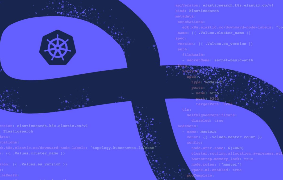 decorative purple image with kubernetes logo and code