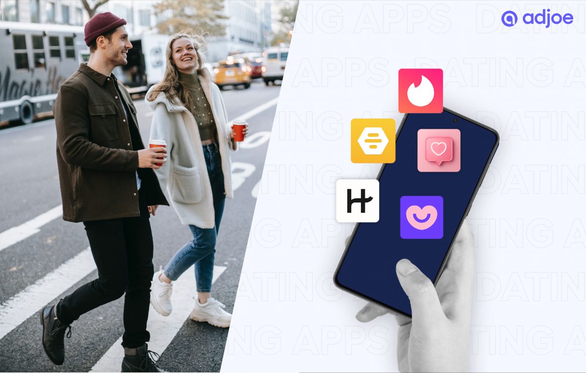 two young singles walking on street with dating app icons