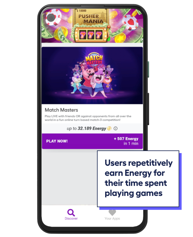big phone screen showing how users earn points for playing games