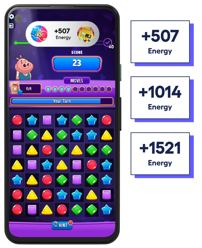 big phone screen demonstrating how users gain points the more time they spend playing Candivore's games
