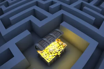 animated maze with a lit up treasure chest at the center