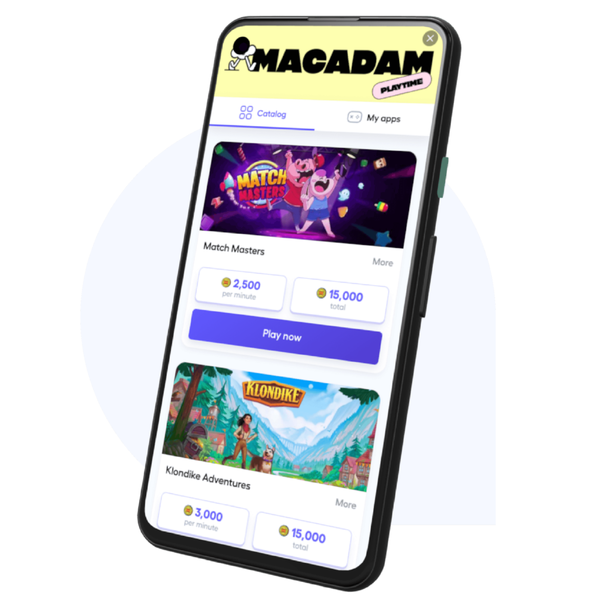 a smartphone with a macadam logo being shown inside the app with gaming offers