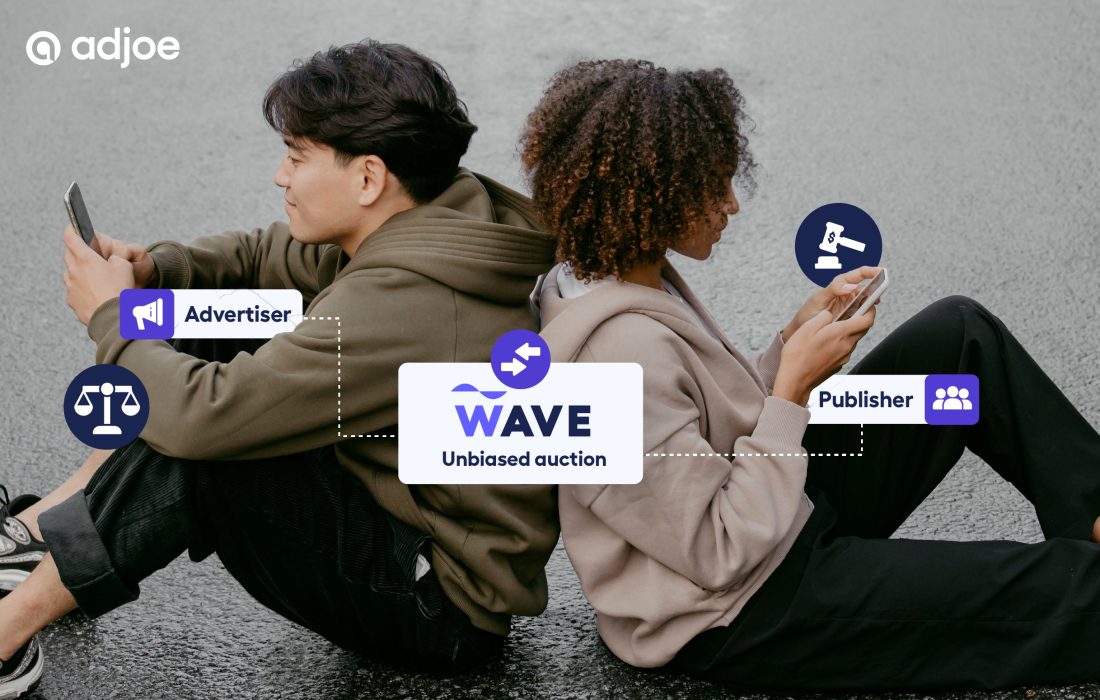 two young people sat down on ground holding phones with WAVE Exchange logo and publisher and advertiser icons