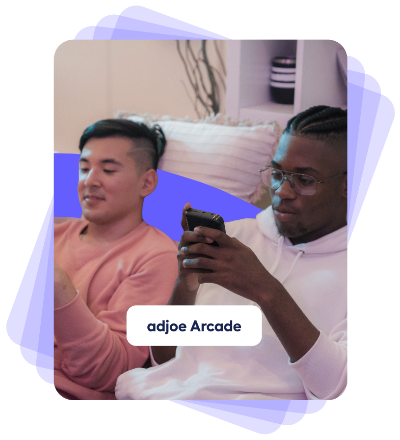 two young people sat on a sofa looking at phones with purple decorative elements