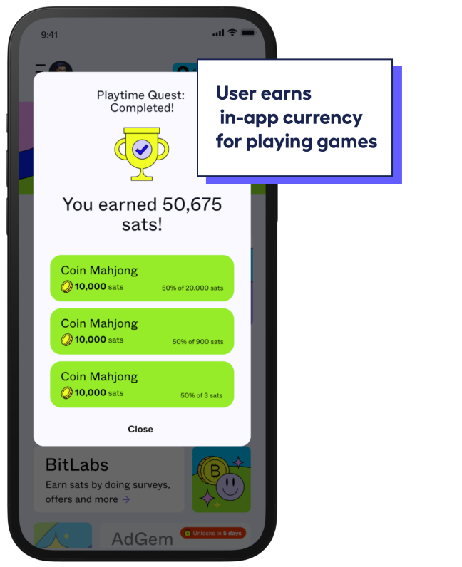 screenshot of ZBD user earning points with Playtime