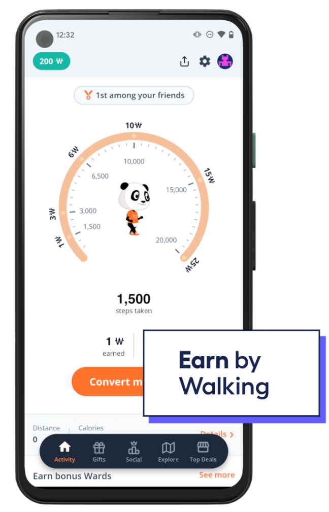 phone screen showing someone walking to gain points with WeWard app
