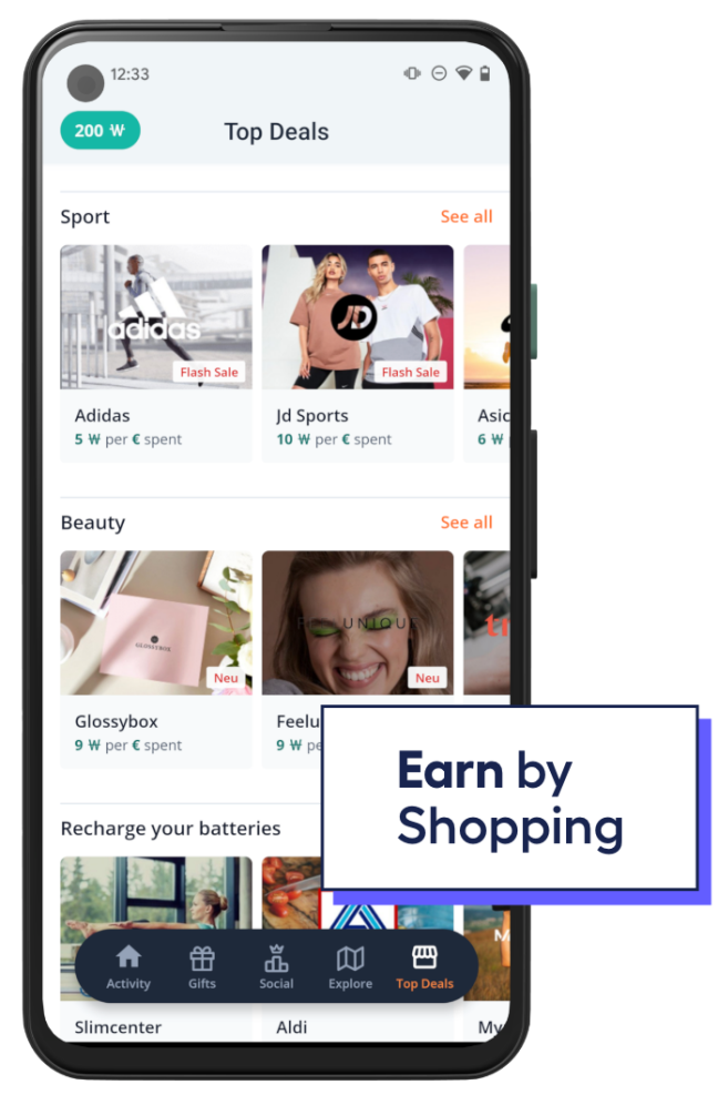 phone screen showing app user gaining rewards by shopping in an app