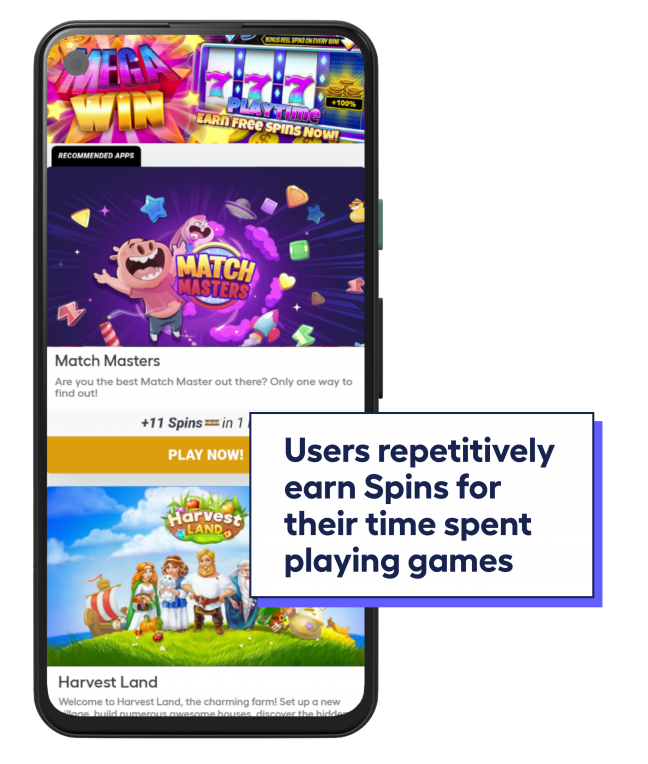 phone screen showing Playtime offerwall and users earning spins for time spent in Playtime