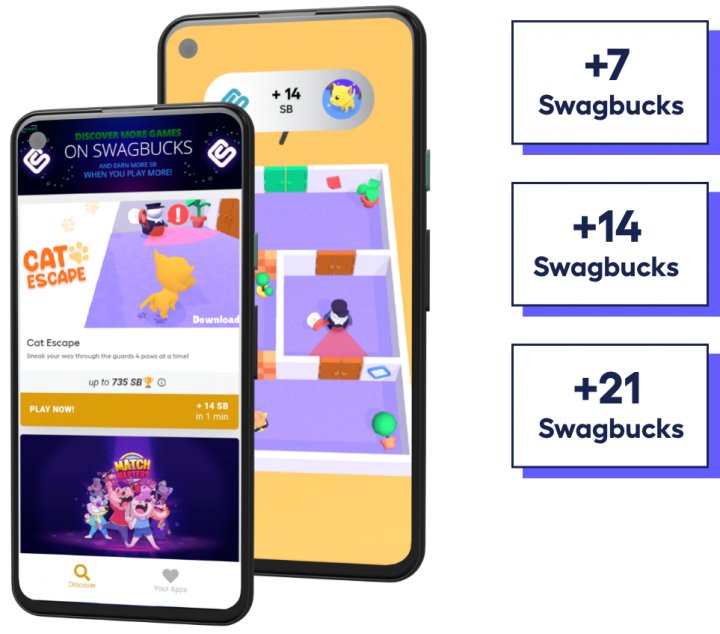 2 phone screens showing Playtime offerwall and one of advertiser app where user can earn swagbucks playtime rewards