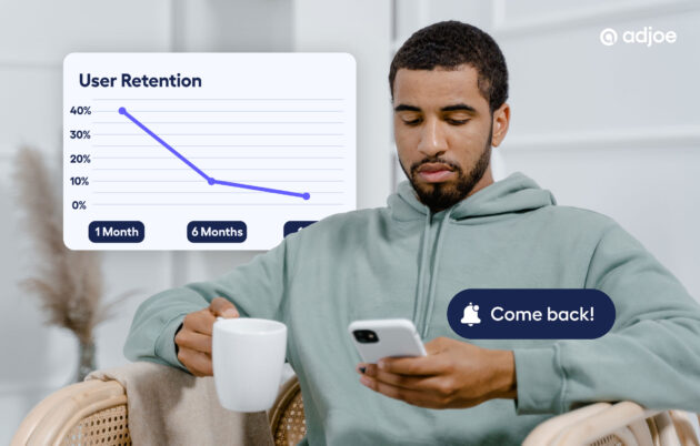 young man holding his phone and hot drink with graph showing dropping retention in background