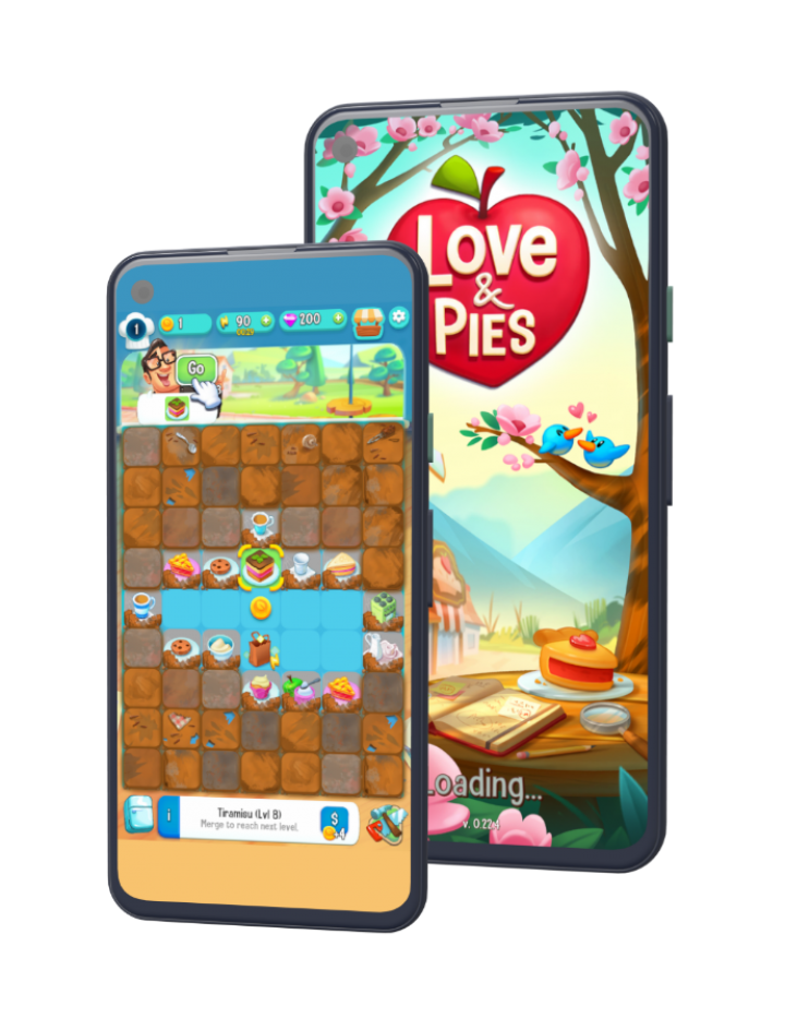 two phone screens showing love & pies app by trailmix