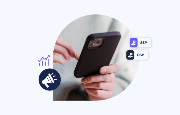 phone with finger touching the screen with decorative icons showing DSP and SSP