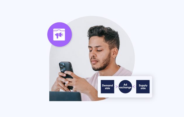 a young man looking into a phone with decorative ad exchange icons