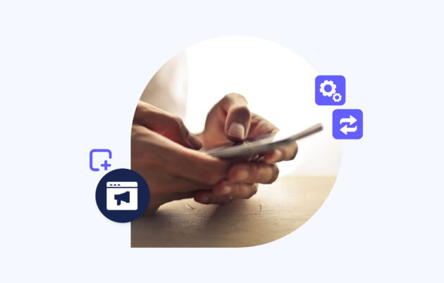 close-up of hands holding a phone with decorate icons surrounding it