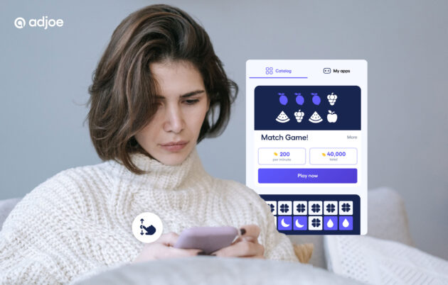 young woman with short hair looking down at phone with decorative element of playtime offerwall