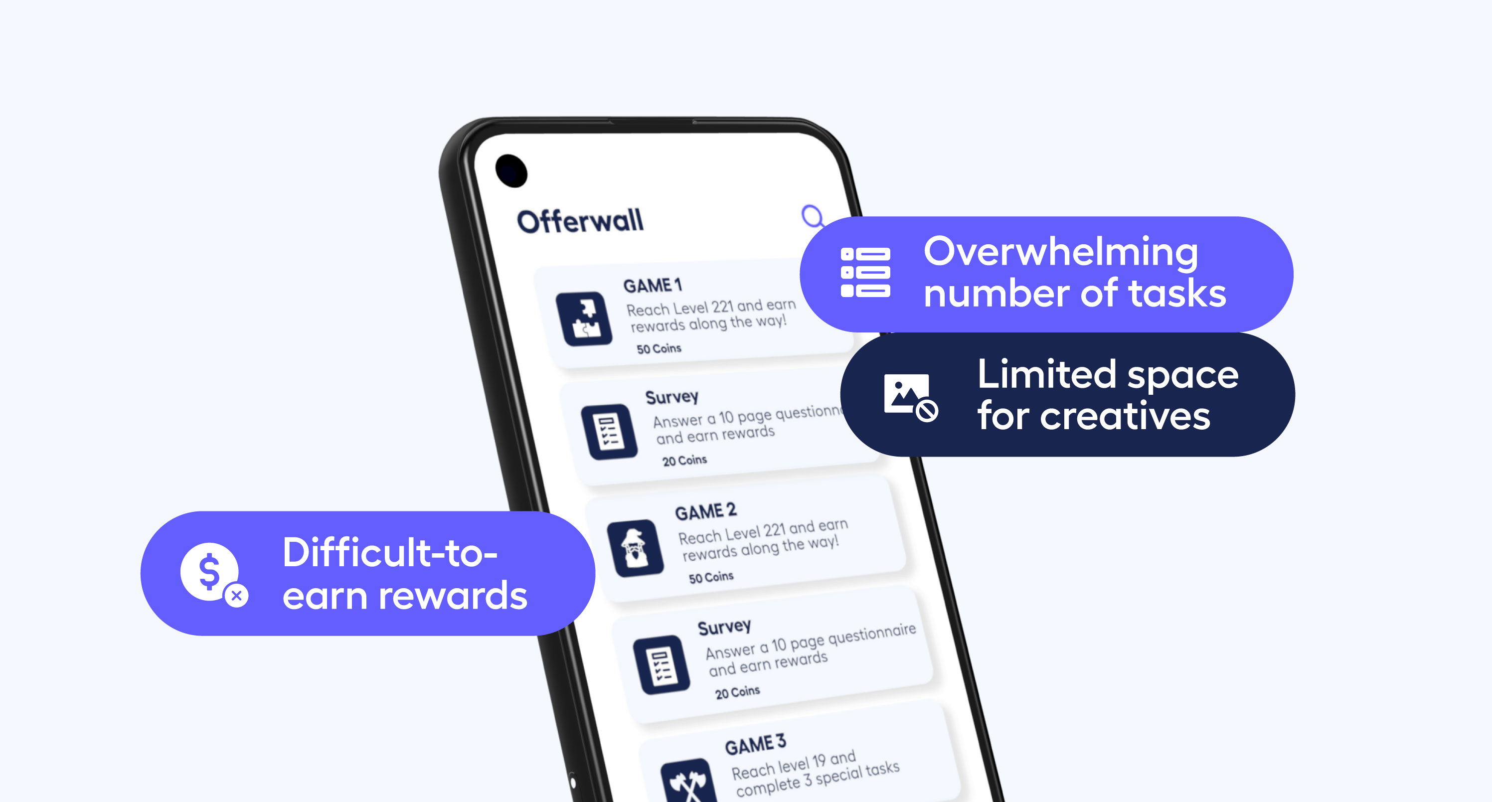 close-up of phone screen showing spammy offerwall campaigns with decorative text around the screen