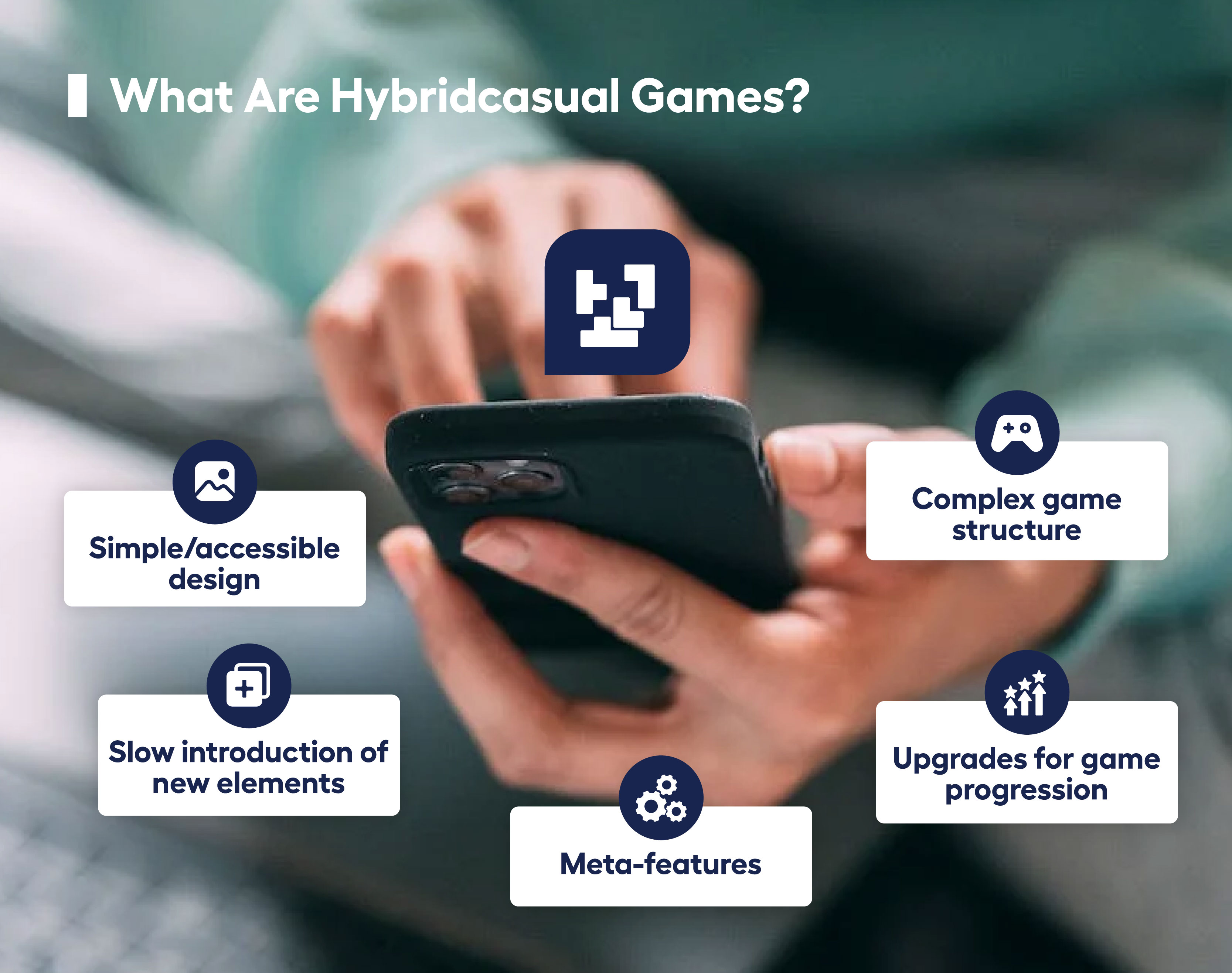 close-up of somebody holding a phone with characteristics of hybridcasual games listed as decorative elements around the phone