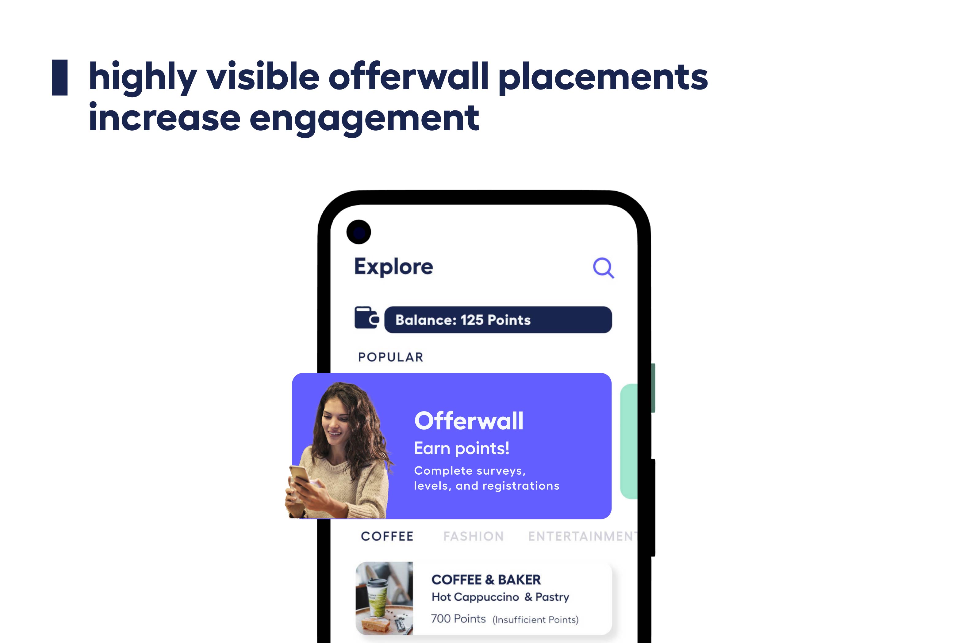 mockup of phone screen showing a visible offerwall placement in the home page of an app