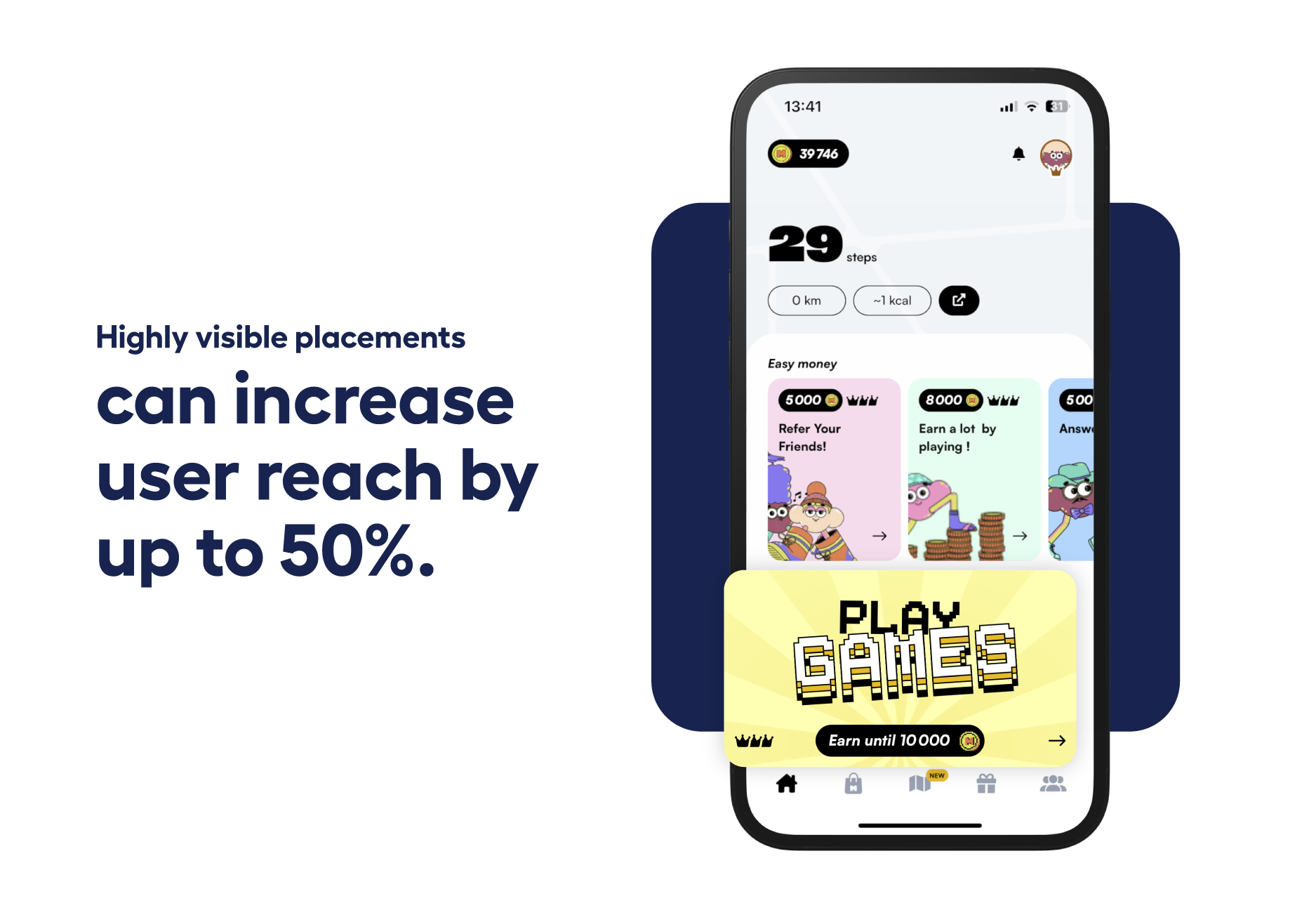 Macadam app screen showing visible Playtime placements that increase user reach by 50%