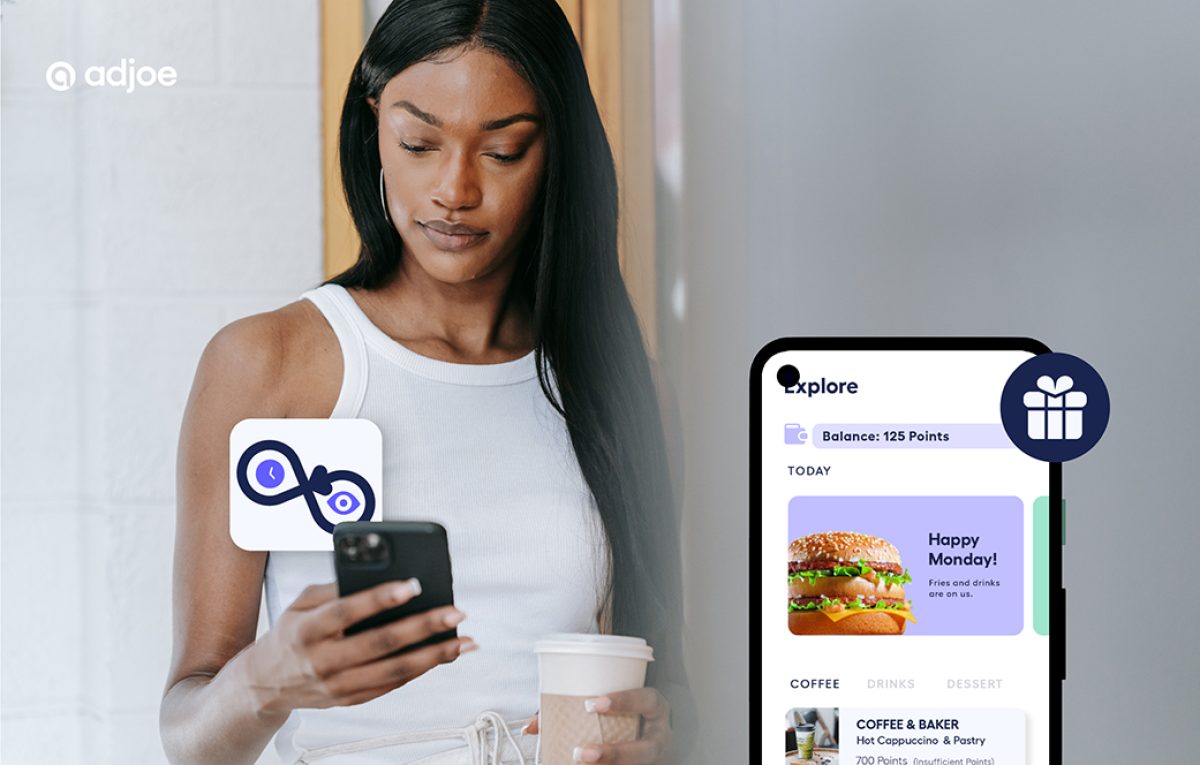 young woman looking down at phone with QSR app mockup